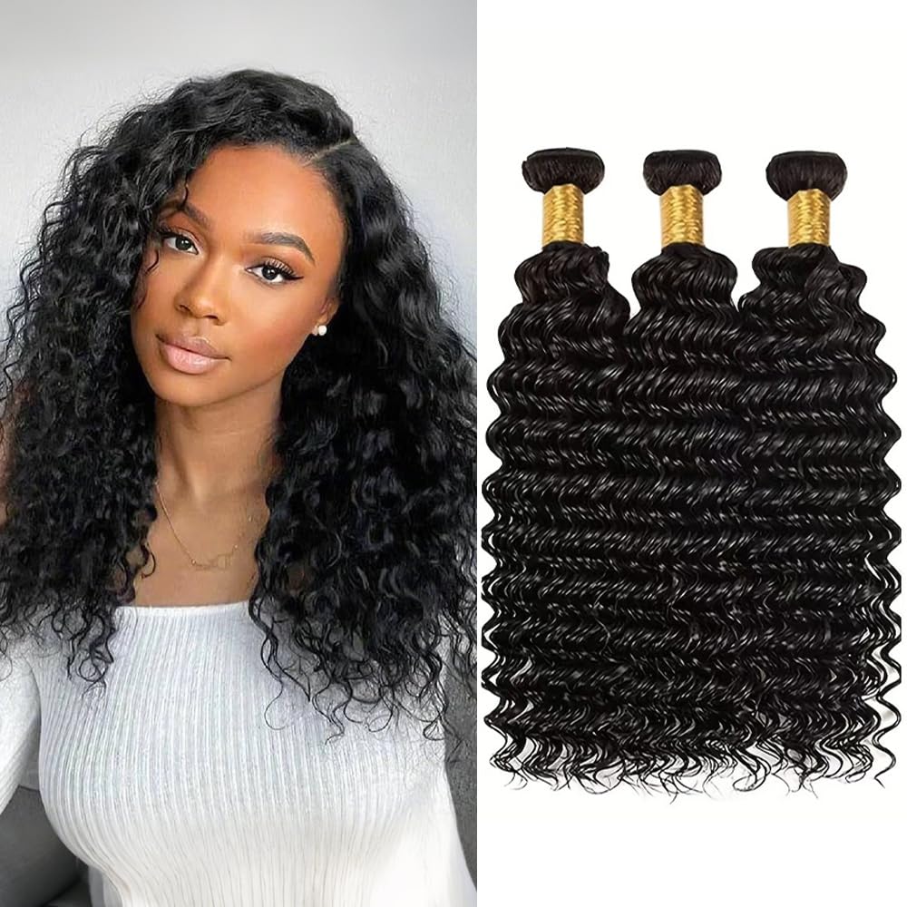 Deep Wave Human Hair Bundles 12 14 16 Inch Curly Bundles Human Hair Weave 100% Unprocessed Brazilian Virgin Remy Hair Wet and Wavy Hair Extensions for Women Natural Black Raw Weft
