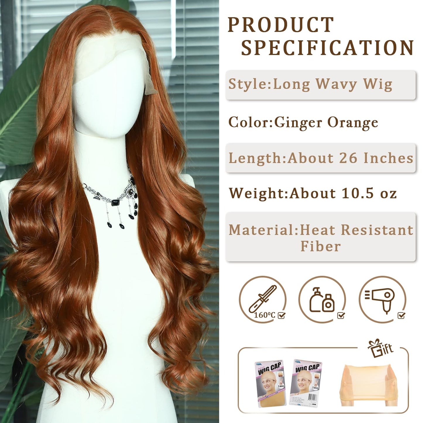 SAPPHIREWIGS Ginger Wavy 13x4 Synthetic Lace Front Wigs for Women Glueless Body Wave Orange Wig Heat Resistant Hair for Daily Cosplay Halloween Use 26 Inch