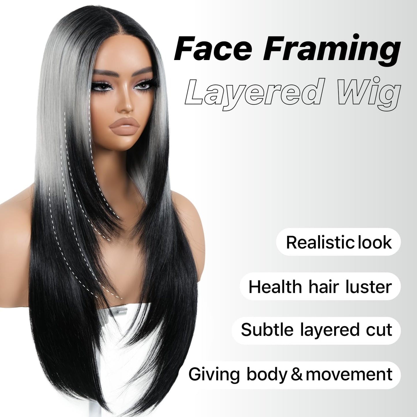 BrownBomb Ombre Sliver Grey Wear and Go Glueless Wigs Pre Plucked Pre Cut for Beginners Synthetic Lace Front Wigs With Bangs Long Straight layered Wigs HD Lace 26 Inch 3 Seconds to Wear for Beginners