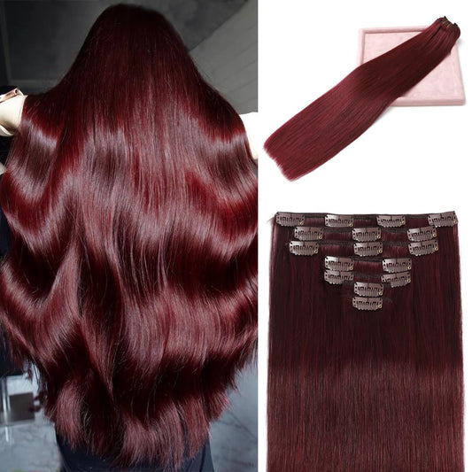 LORIEN Clip in Hair Extensions Real Human Hair, 24 Inch 120g, 99J Burgundy, Clip in 100% Brazilian Remy Human Hair Extensions 8pcs Per Set with 18 Clips Double Weft