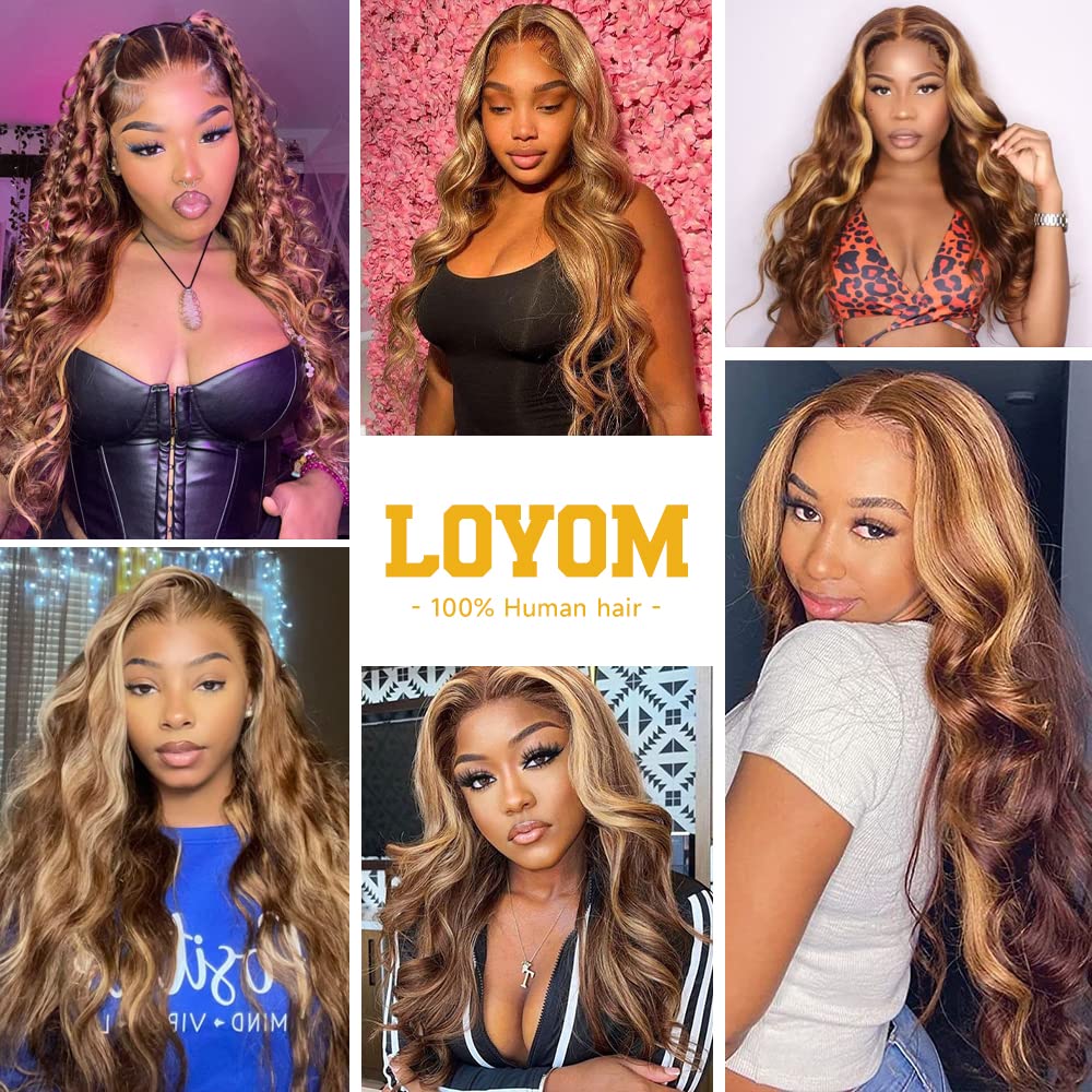 30 Inch Highlight Ombre Lace Front Wig Human Hair Pre Plucked 13x4 HD Transparent 4/27 Body Wave HD Lace Frontal Human Hair Wigs with Baby Hair 200 Density Honey Blonde Lace Front Wig Human Hair