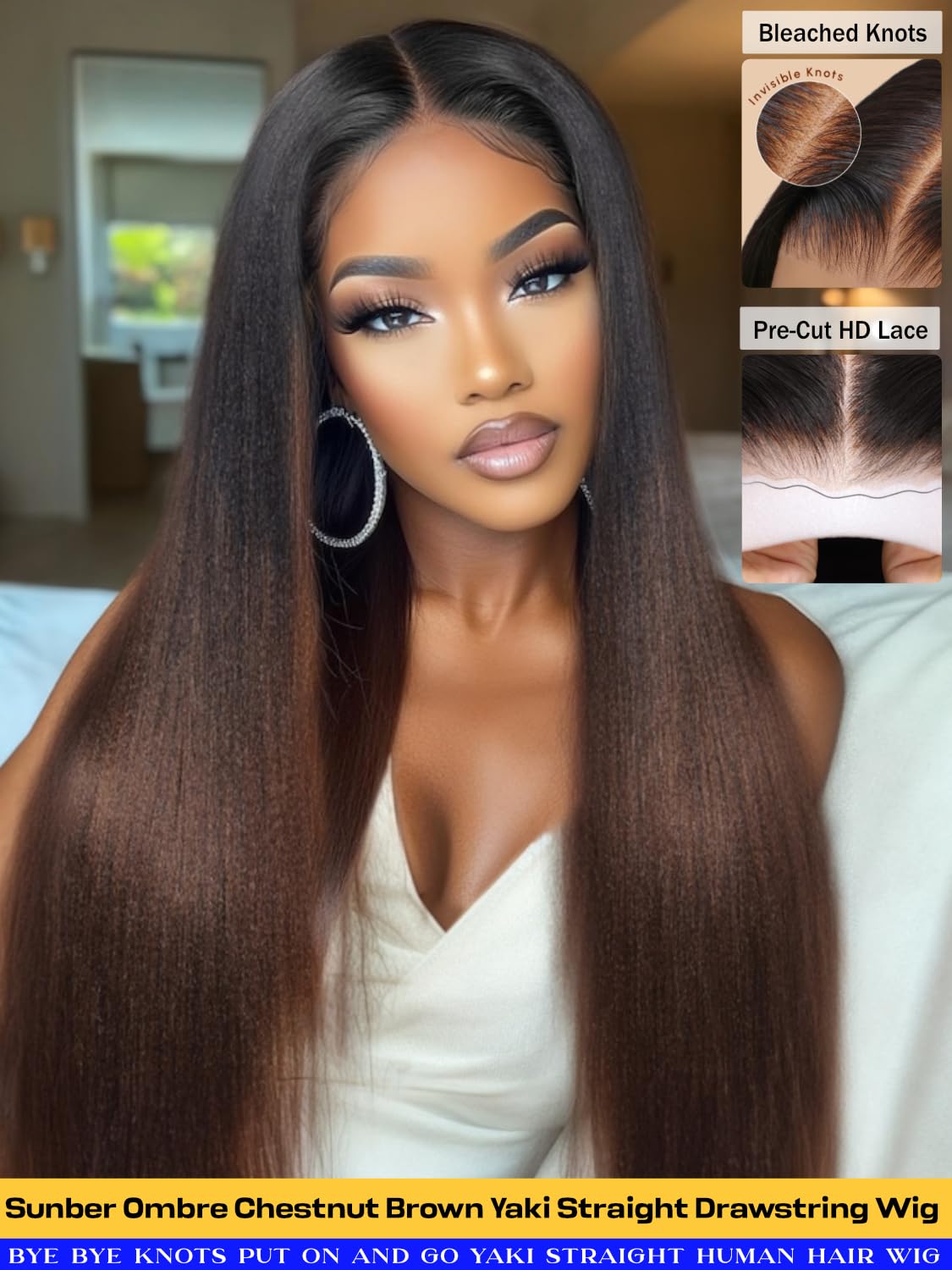 Sunber Ombre Chestnut Yaki Straight Human Hair Wigs with Drawstring Put and Go Bye Bye Knots Pre Cut 7x5 HD Lace Front Glueless Yaki Wigs Pre Plucked Invisible Knots 3S Wear 16Inch Beginner friendly