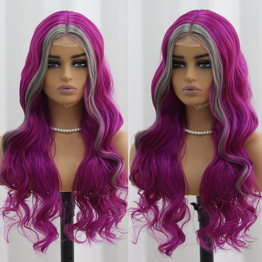 SISIFIRE Purple Gray Highlight Wavy Wigs for Women Synthetic Small Lace Front Wig Long Curly Wavy Wigs for Daily Party Use Heat Resistant Fiber Wig