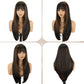NOVFLKW Highlight Long Straight Layered Wig with Bangs for Women 26 inch Highlight Brown Put on Go Realistic Synthetic Heat Resistant Natural Wig for Girls Party Cosplay and Daily Use