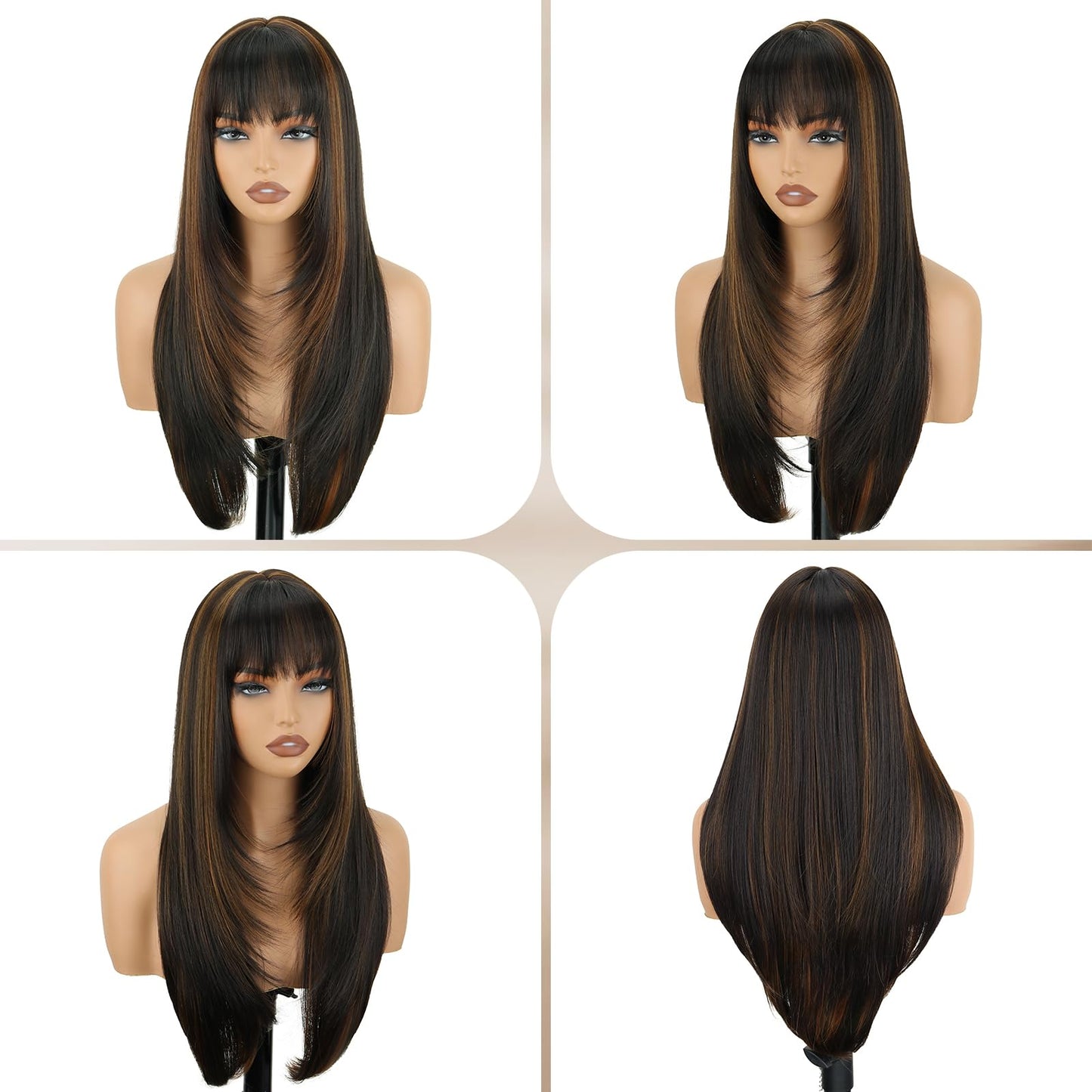 NOVFLKW Highlight Long Straight Layered Wig with Bangs for Women 26 inch Highlight Brown Put on Go Realistic Synthetic Heat Resistant Natural Wig for Girls Party Cosplay and Daily Use