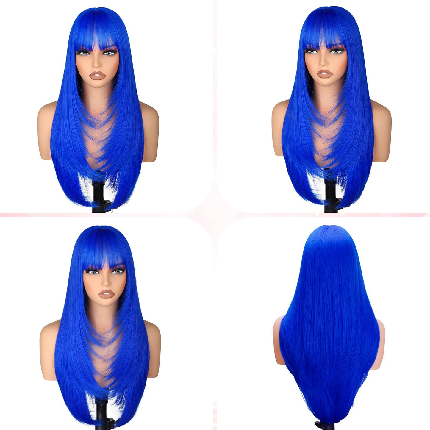 NOVFLKW Blue Long Straight Layered Wig with Bangs for Women 26 inch Put on Go Realistic Synthetic Fiber Heat Resistant Natural Wig for Girls Party Cosplay and Daily Use