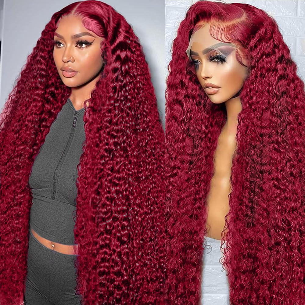 GARAXIS 36 Inch 250% Density 99J Burgundy 13X6 Deep Wave Lace Front Wigs Human Hair Wet and Wavy HD Lace Front Wig Pre Plucked 100% Real Human Hair No Tangle No Shedding Triple Lifespan 3X