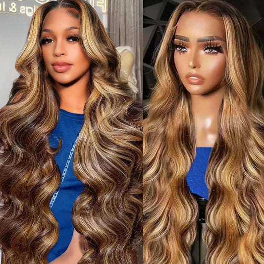 Dewyigs 26 Inch Highlight Ombre Lace Front Wig Human Hair Body Wave Honey Blonde Glueless HD Transparent Lace Frontal Wigs for Women 13X4 Human Hair Pre Plucked with Baby Hair