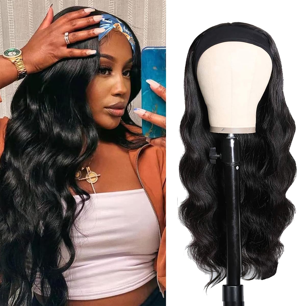olimaruly Headband Wig Human Hair 20 inch None Lace Front Wig Human Hair Glueless Wigs Body Wave Headband Half Wigs for Black Women 150% Density Natural Color