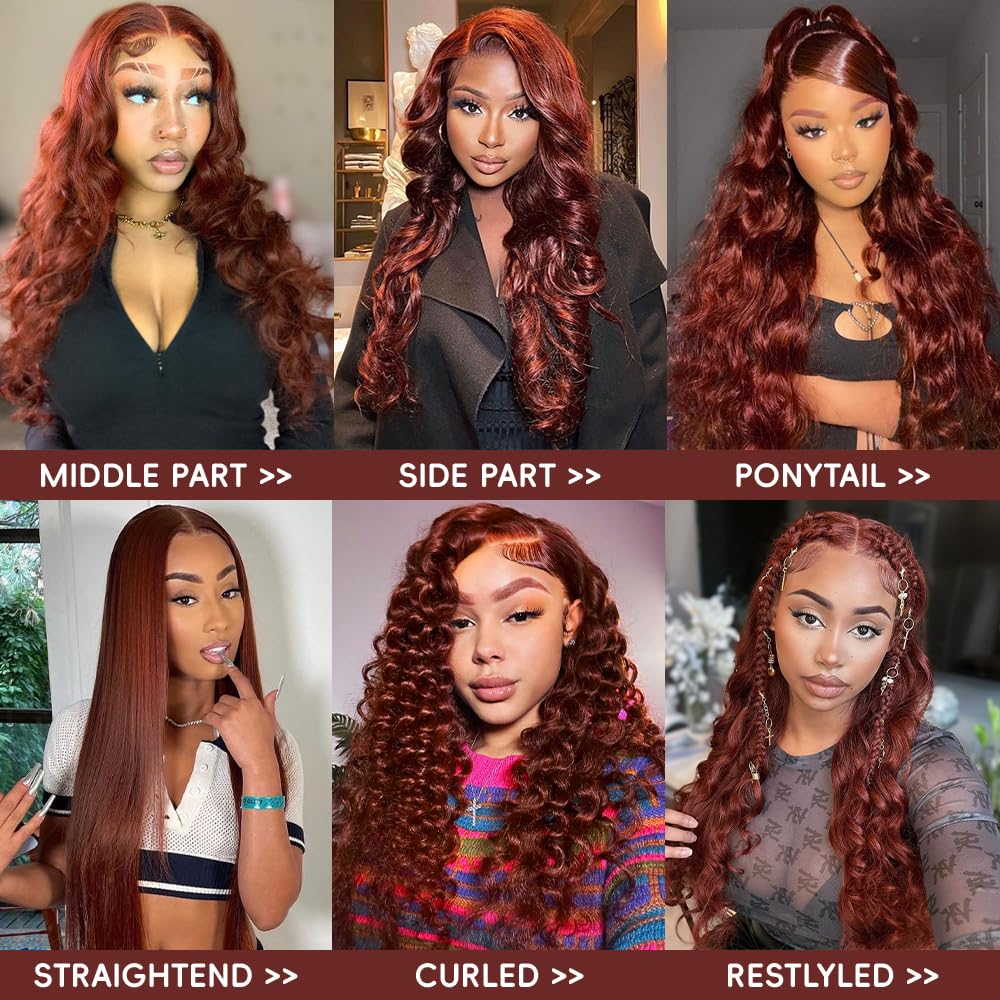 Reddish Brown Lace Front Wigs Human Hair Pre Plucked 200% Density Body Wave Auburn Colored Human Hair Wig 13x4 HD Lace Front Wigs Human Hair For Women Lace Frontal Wig 28 inch