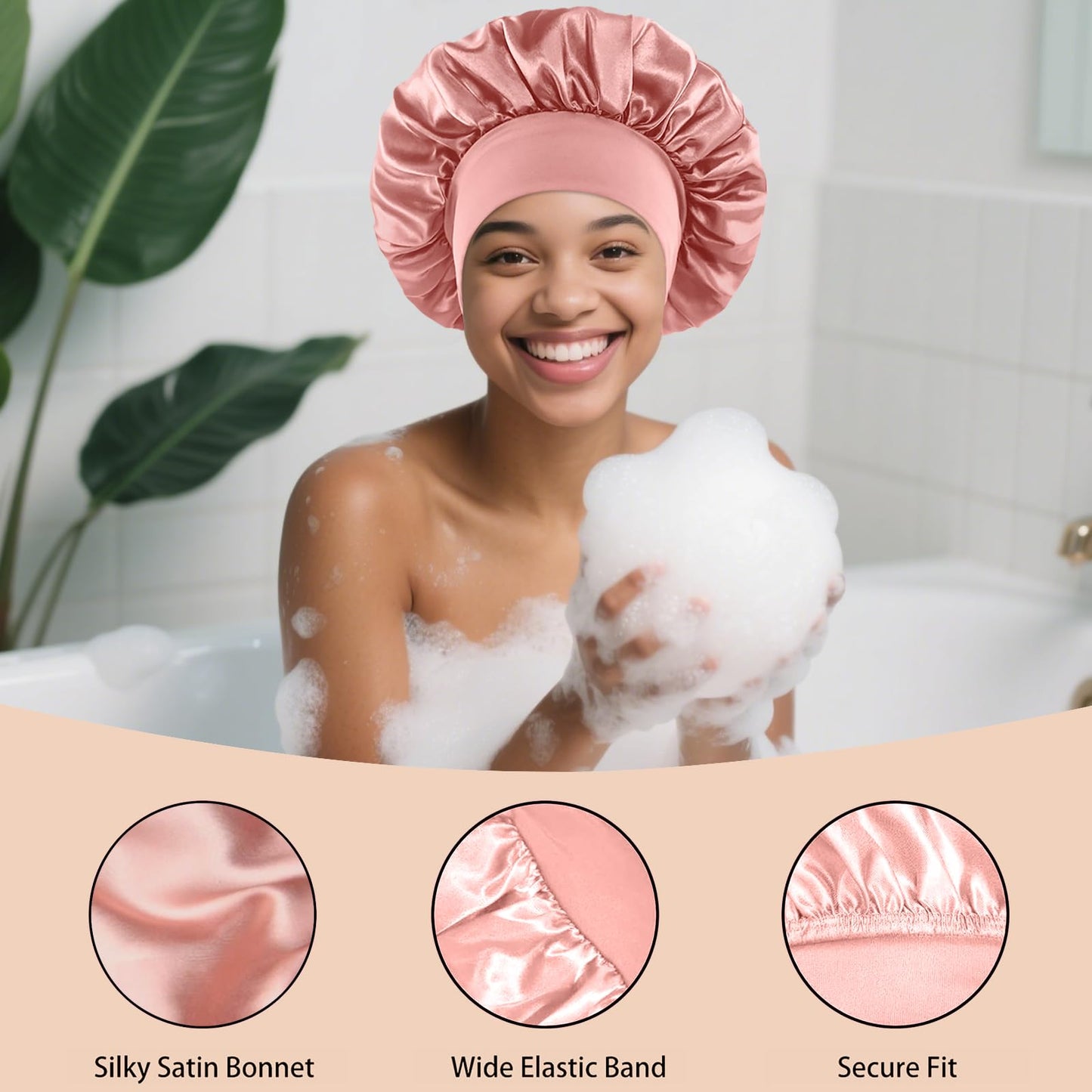 4PCS Silk Satin Bonnets for Black Women & Men - Elastic Wide Band Hair Wrap Cap for Curly Hair - Shower Cap for Sleeping (Blush Pink，Black, Peacock Blue, Purple)