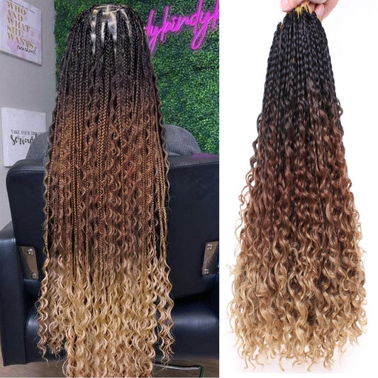COOKOO 30 Inch Boho Box Braids 8 Packs Goddess Box Braids Crochet Hair Hippie Braiding Hair With Curly Ends Pre-looped Synthetic Crochet Hair for Black Women 53#