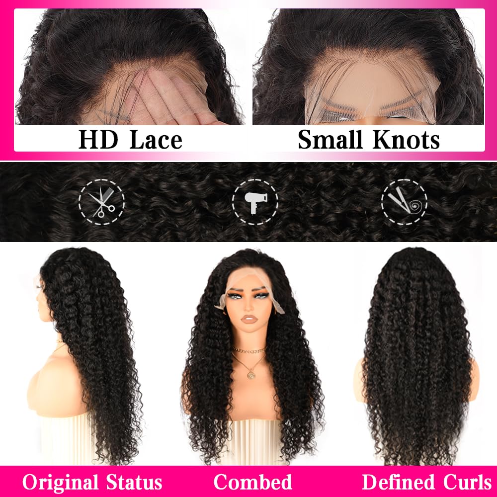 YIJUNDEMA Deep Wave 13x6 Lace Front Wigs Human Hair 200% Density 34 Inch Curly Human Hair Wig for Women Natural Black HD Transparent Lace Glueless Frontal Wigs Human Hair Pre Plucked