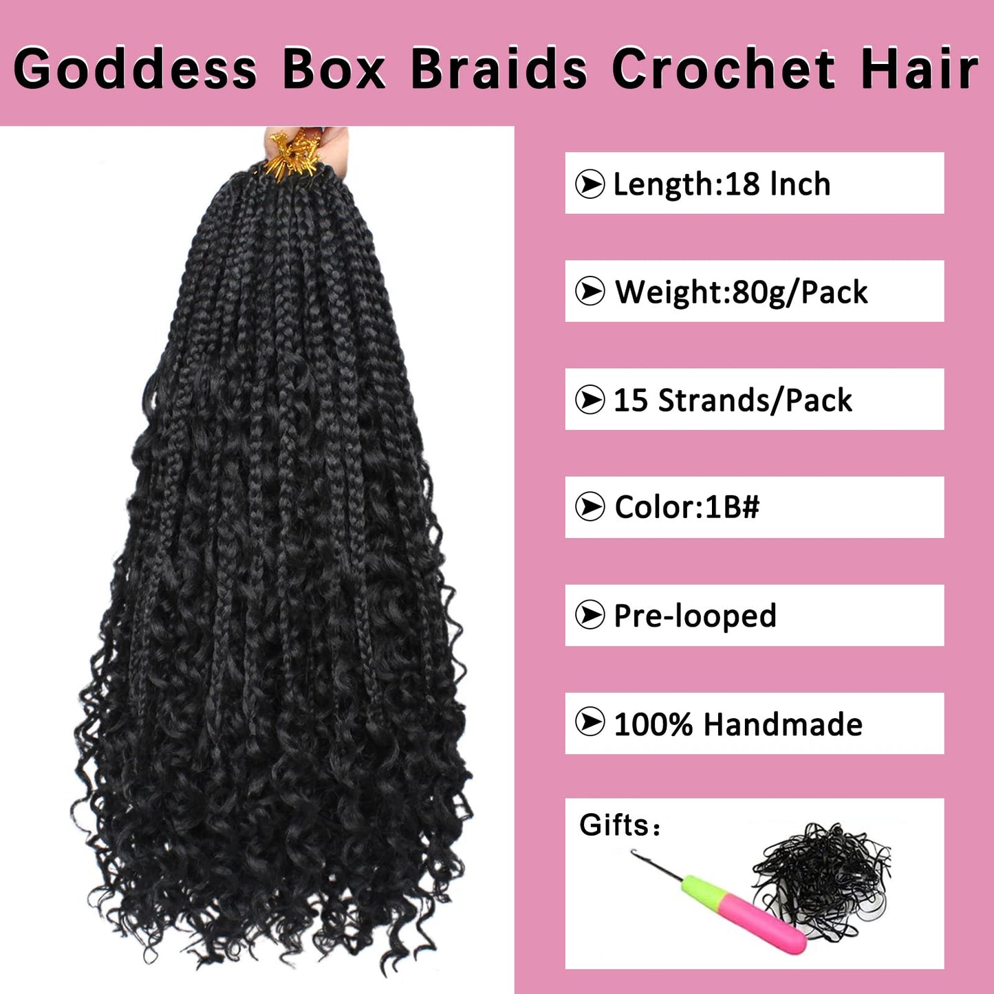 COOKOO 18 Inch Goddess Box Braids Crochet Hair 8 Pack Bohemian Hippie Box Braids Crochet Hair with Curly Ends Synthetic Crochet Braiding Hair for Black Women 1B#