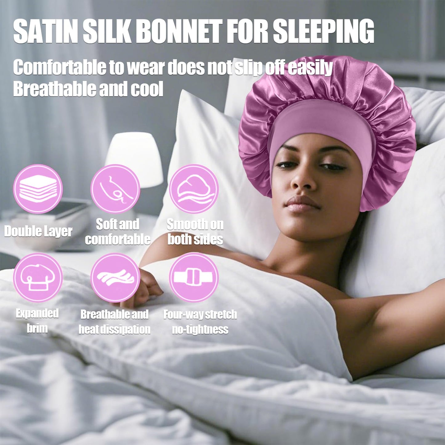 4PCS Silk Satin Bonnets for Black Women & Men - Elastic Wide Band Hair Wrap Cap for Curly Hair - Shower Cap for Sleeping (Black, Blue, Purple, Green)