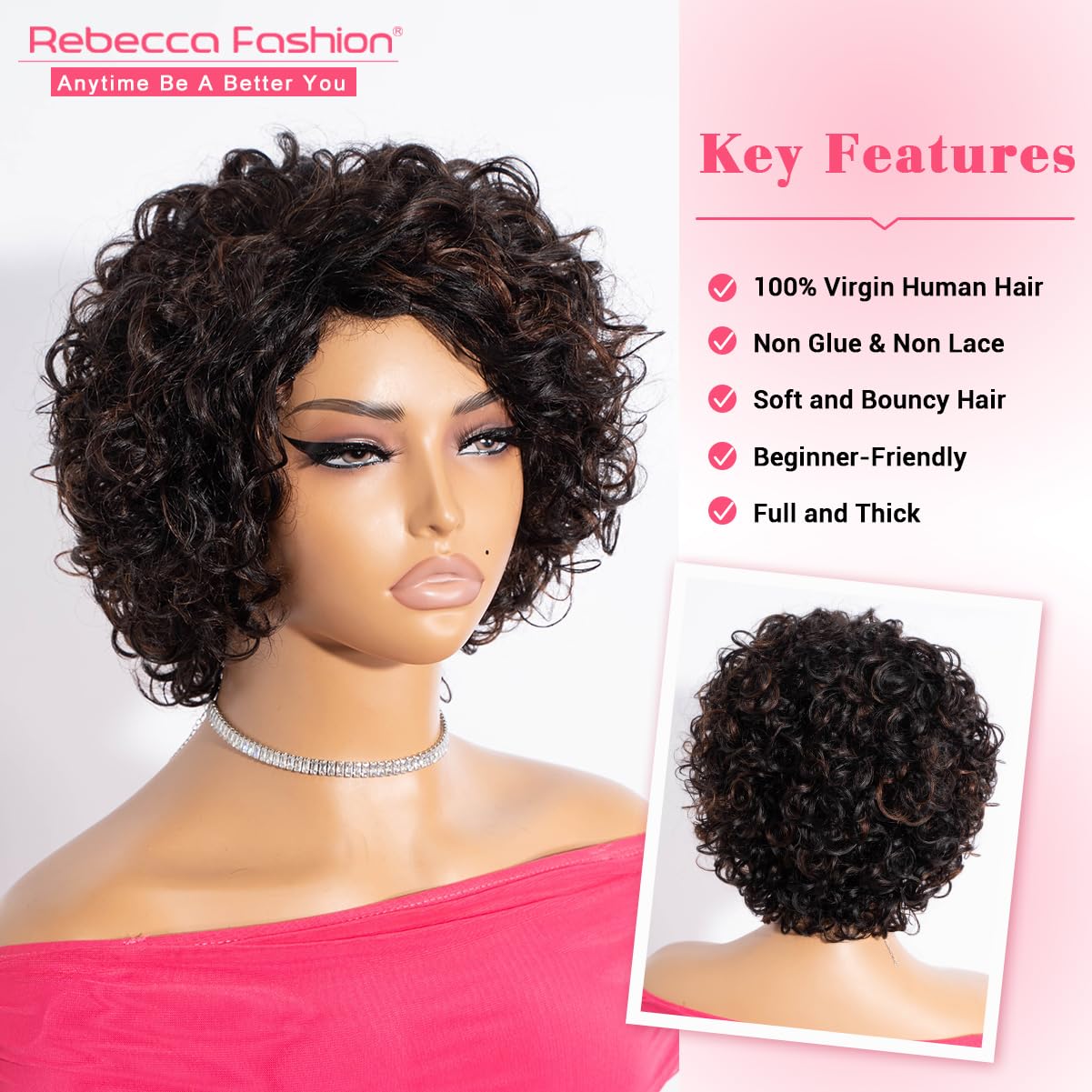 Rebecca Fashion Short Curly Human Hair Wigs for Black Women Side Part Cute Curly Bob Wig Brazilian Remy Non Lace Glueless Wigs Natural Looking Highlight Brown Black Mix Brown Color