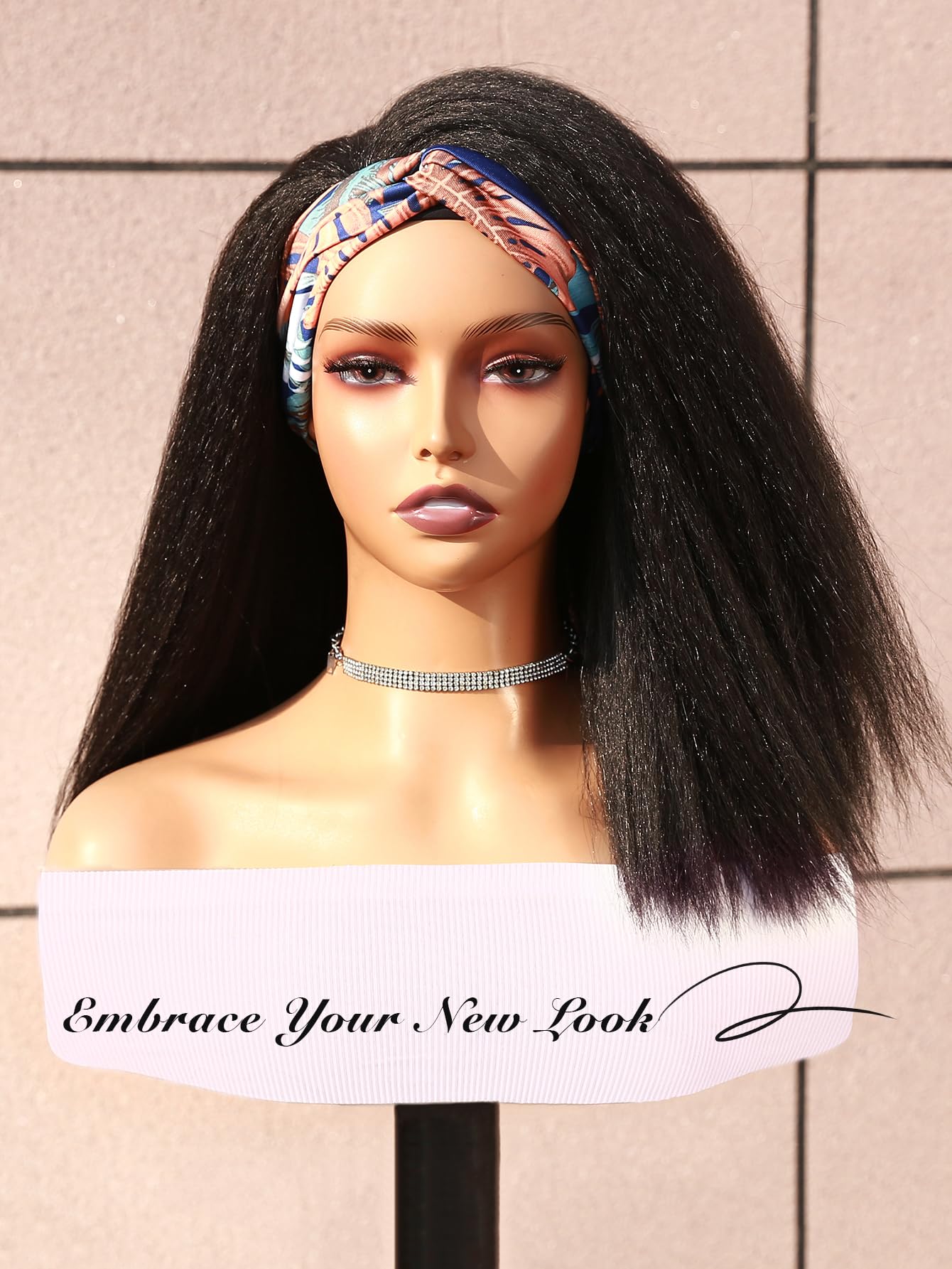 WIGNEE Kinky Straight Headband Wig Kinky Wig with Ribbon Glueless Headband Wigs for Black Women Natural Synthetic Afro Wigs for Black Women Natural Black 14 Inch