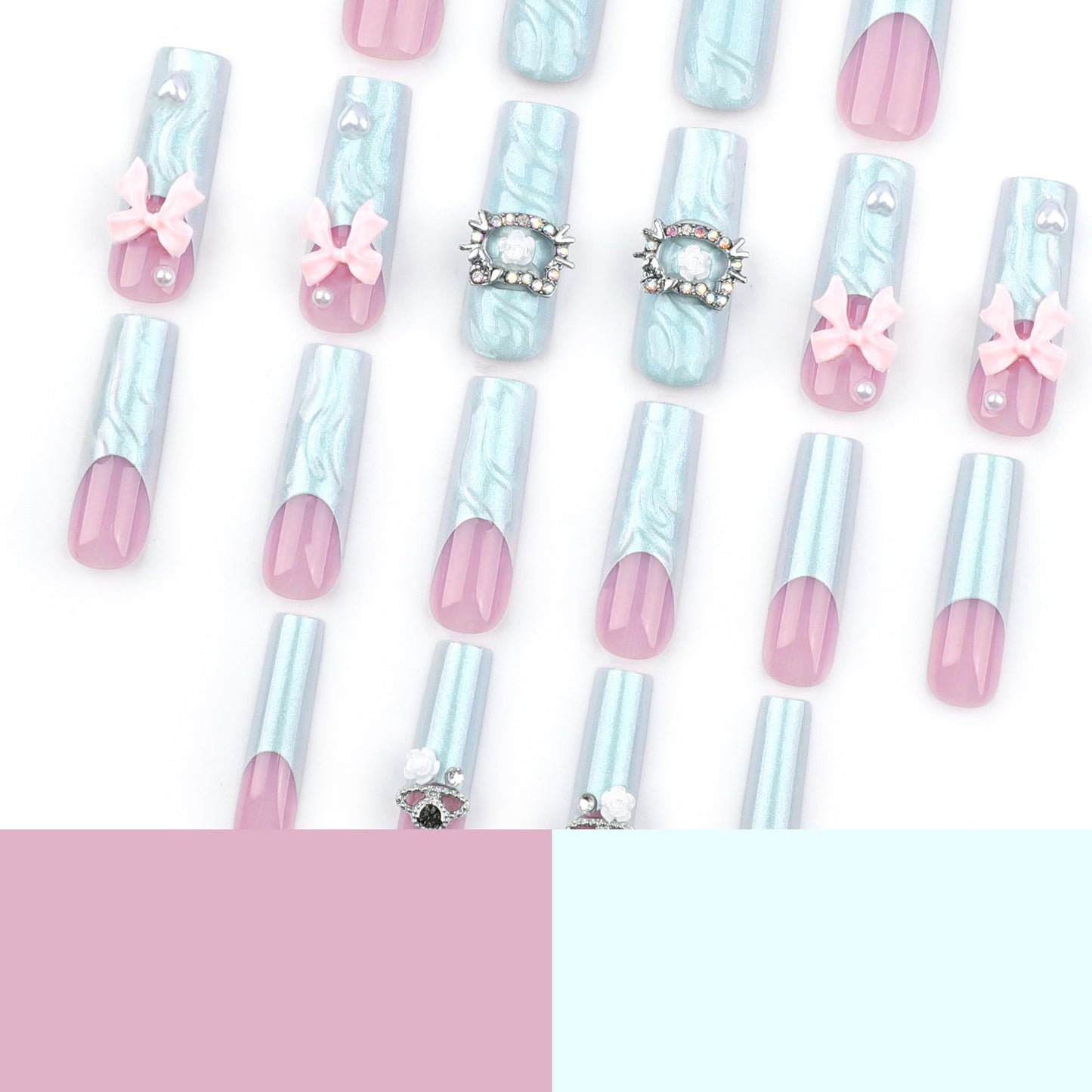 RTKHFZE Long Press on Nails Square Shape Fake Nails with 3D Swirl and Bow Design False Nails,French Tip Glue on Nails Gift for Holiday/Christmas Day/Daughter/Party/Valentine'S Day
