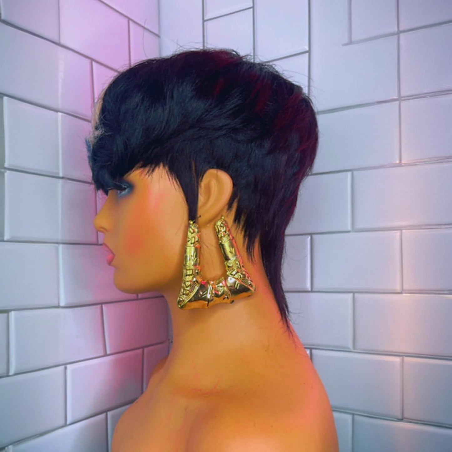 QiaQiaRing Pixie Cut Wigs For Black Women Short Layered Pixie Wigs with Bangs Chic Elegent 1b/613/blue Color Glueless Brazilian Virgin Straight Wigs (1B/613/BLUE)
