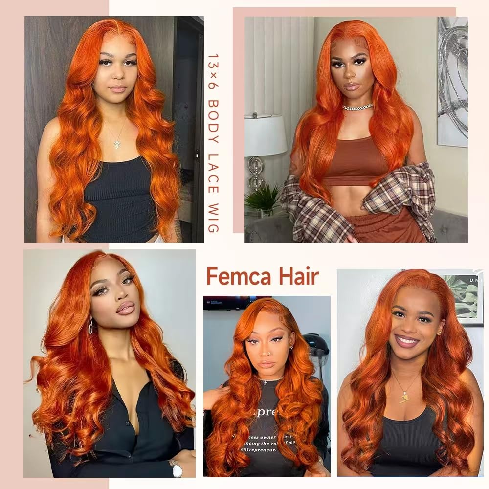 Femca 28 Inch Ginger Wig Human Hair 100% Vigin Hair Full 250 Density 13x6 Orange Ginger Body Wave Lace Front Wigs Human Hair Pre Plucked #350 Colored Frontal Wigs Minimal Shedding No Tangle