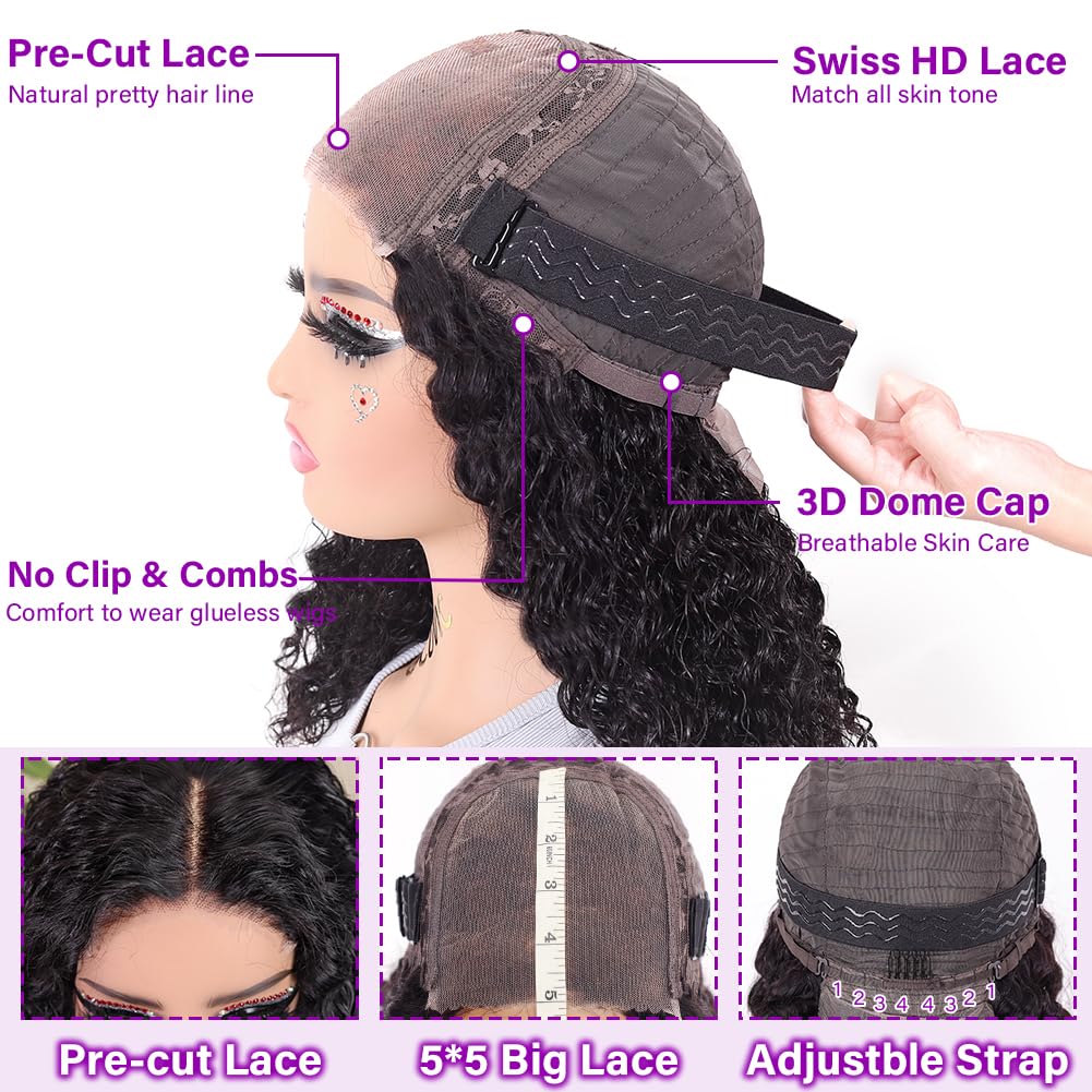 UCUVIC Wear And Go Glueless Wigs Human Hair Pre Plucked Pre Cut Curly 5x5 Water Wave Bob Wig Human Hair Lace Front Closure Wigs For Black Women 200 Density Curly Wig Glueless Wear And Go Black 18 Inch