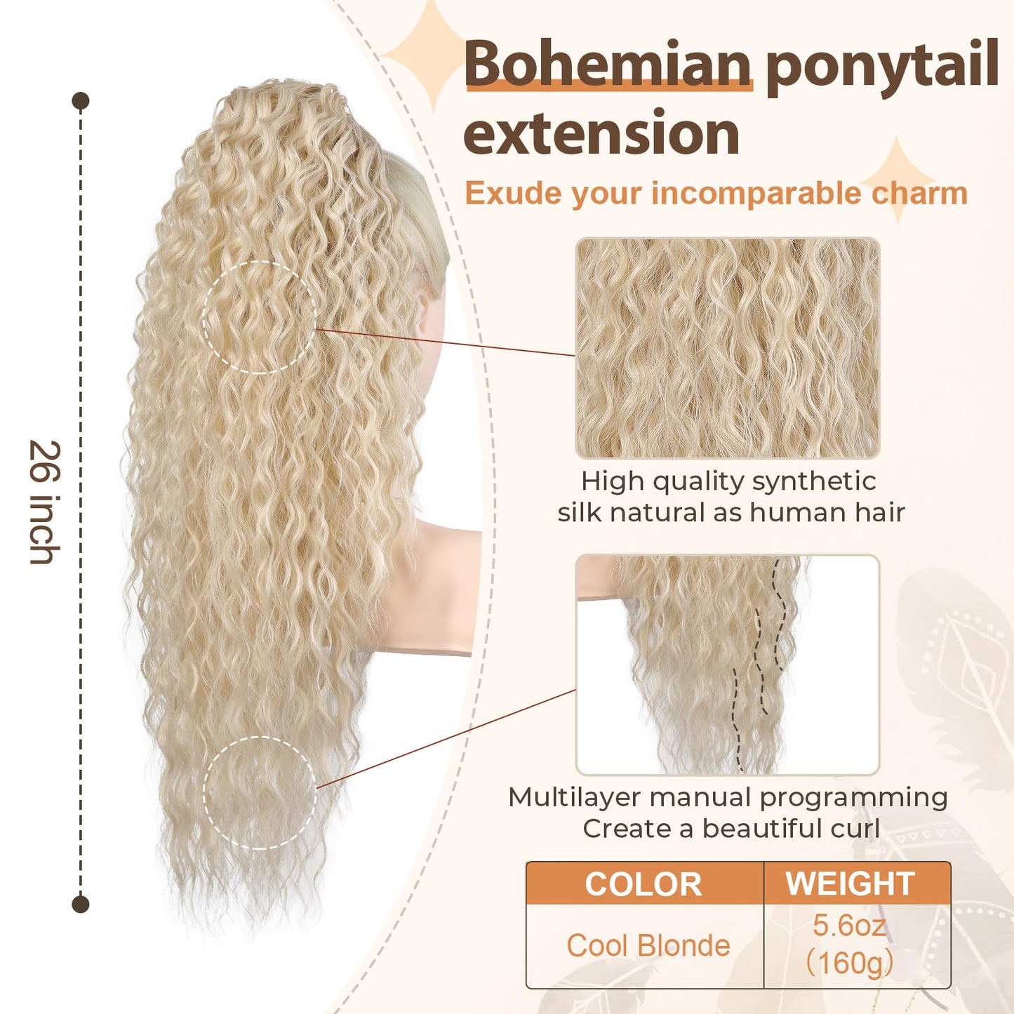 Flufymooz Ponytail Extension, 26 Inch Bohemian Style Drawstring Ponytail Hair Extensions for Women, Long Curly Wavy Pony Tail Natural Synthetic Hairpiece for Women (26 Inch Cool Blonde)
