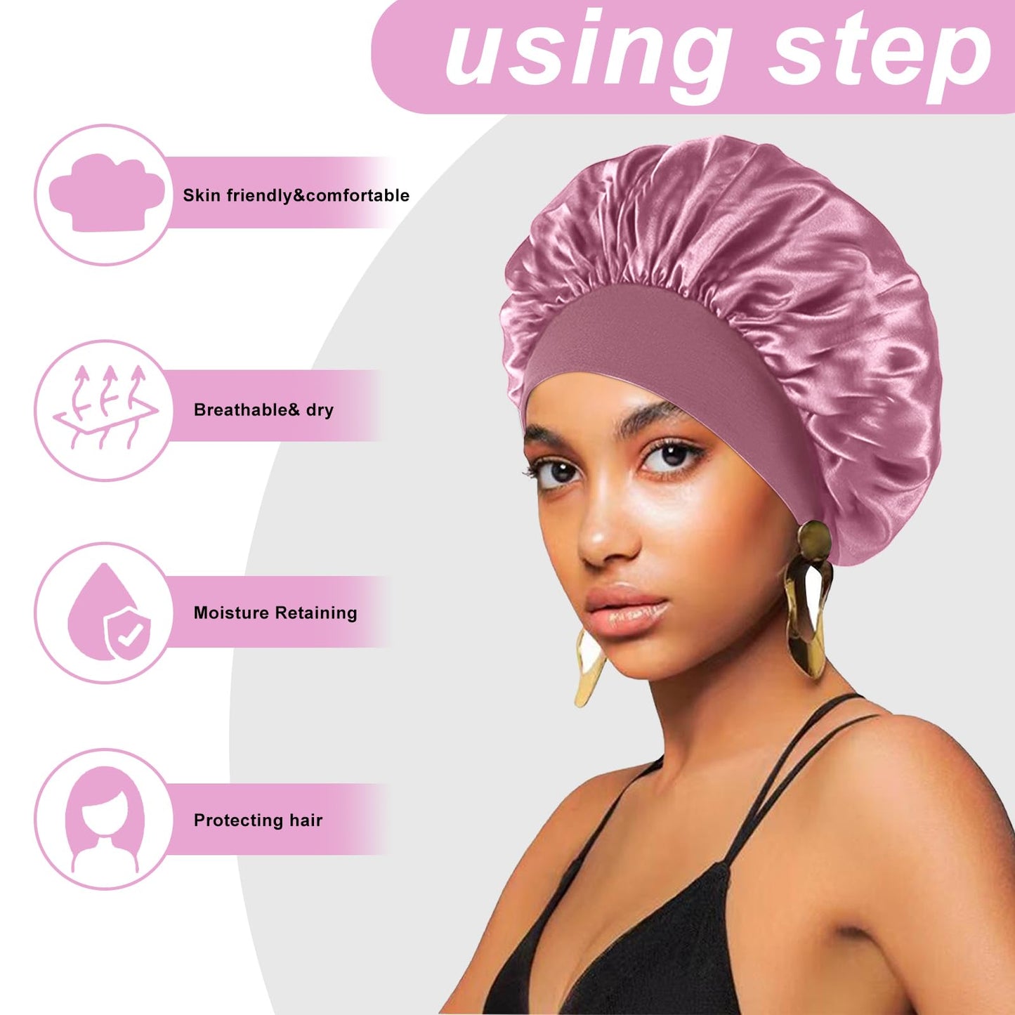 4PCS Silk Satin Bonnets for Black Women & Men - Elastic Wide Band Hair Wrap Cap for Curly Hair - Shower Cap for Sleeping (Black & Bean Paste Pink & Purple & Brown)