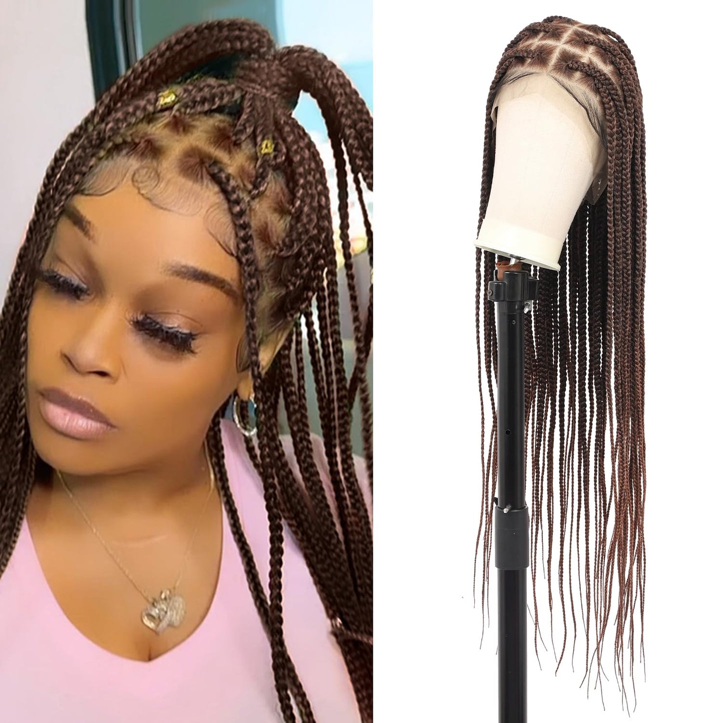 Olymei 360° Hd Full Lace Large Square Knotless Braided Wigs for Women Box Braid Wig with Baby Hair Long Brown Premium Synthetic Braided Lace Front Wigs 36"