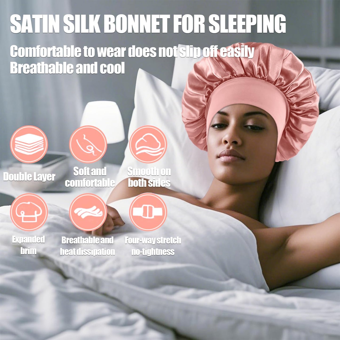 4PCS Silk Satin Bonnets for Black Women & Men - Elastic Wide Band Hair Wrap Cap for Curly Hair - Shower Cap for Sleeping (Blush Pink，Black, Peacock Blue, Purple)