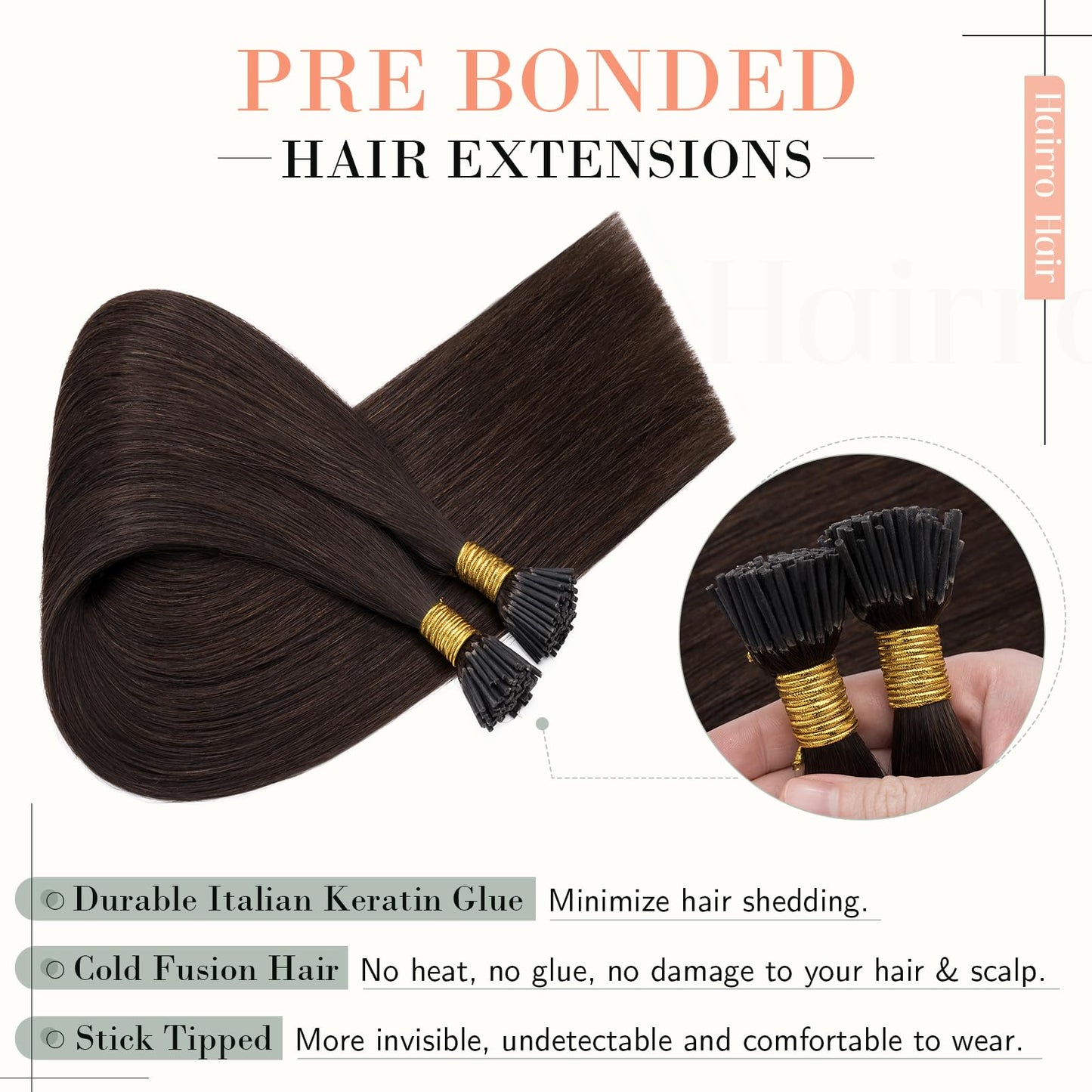 Hairro Pre Bonded Fusion Hair Extensions Remy Keratin Beads Invisible Itip Real Human Hair Extension Stick Tipped Glue Hairpiede Salon Quality I Tip Hair For Women 16" 100 Strands 50g #02 Dark Brown