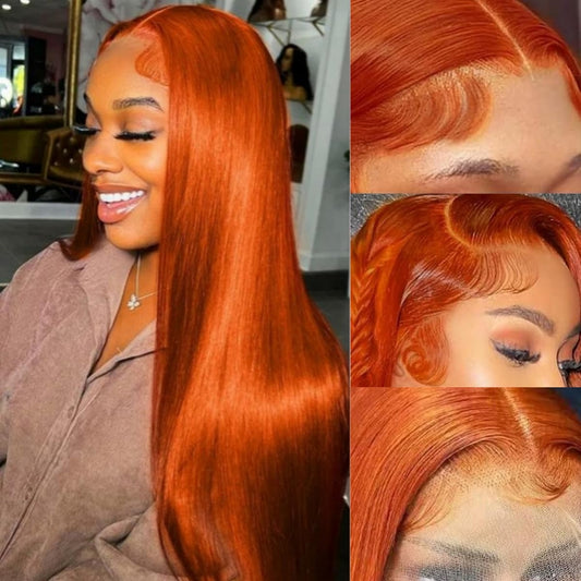 LAPONDAI 34 Inch Ginger Orange Wig Human Hair 350 Colored Straight Lace Front Wigs Human Hair 200% Density Orange HD Lace Frontal Wigs for Women Pre Plucked with Baby Hair Brazilian Virgin