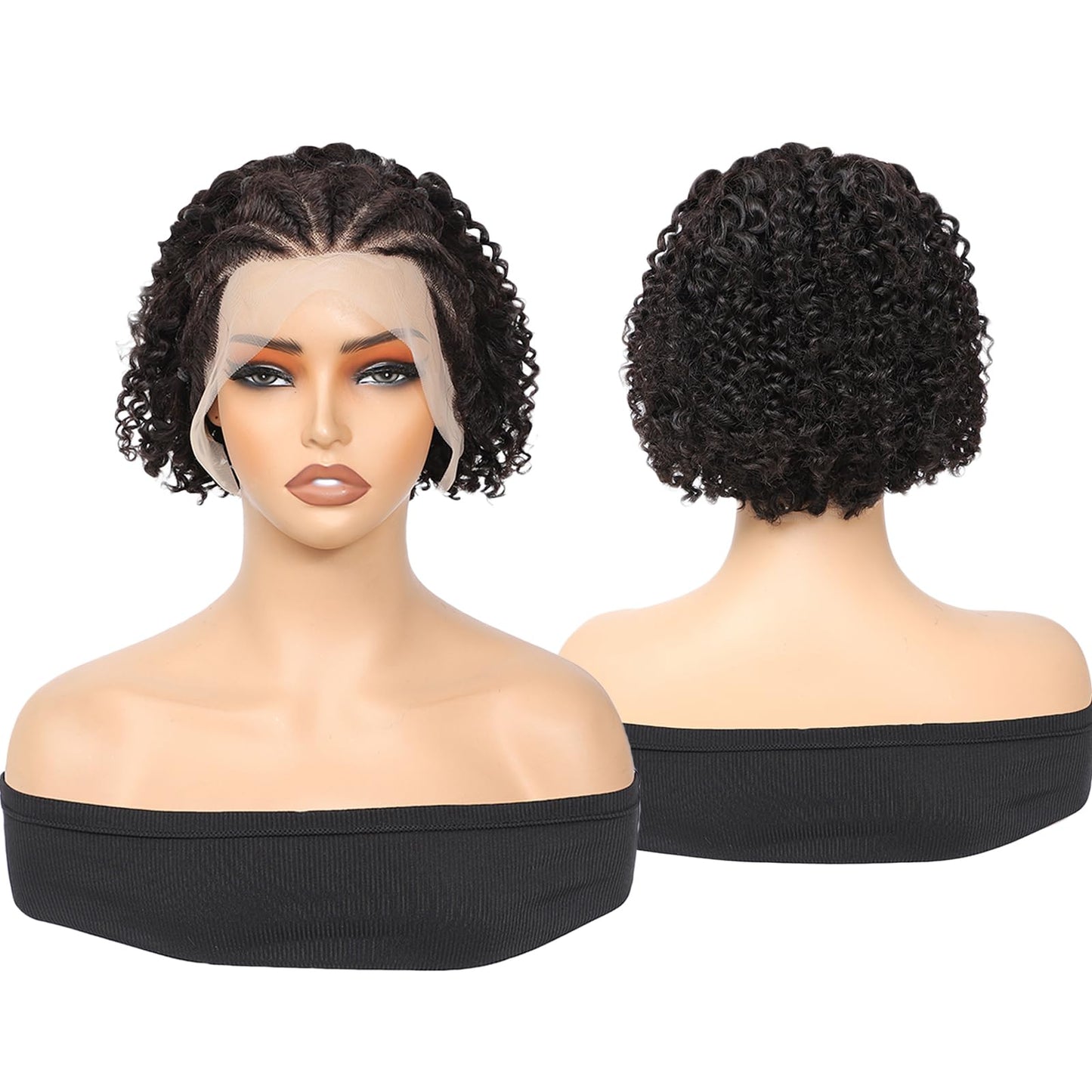 Inghood Braided Lace Front Wigs For Black Women Braided Curly Human Hair Wigs Fully Handmade Braided Wig Pixie Cut Wig 13x4 Lace Front Wigs Human Hair Curly Bob Wig Human Hair (Natural Color)