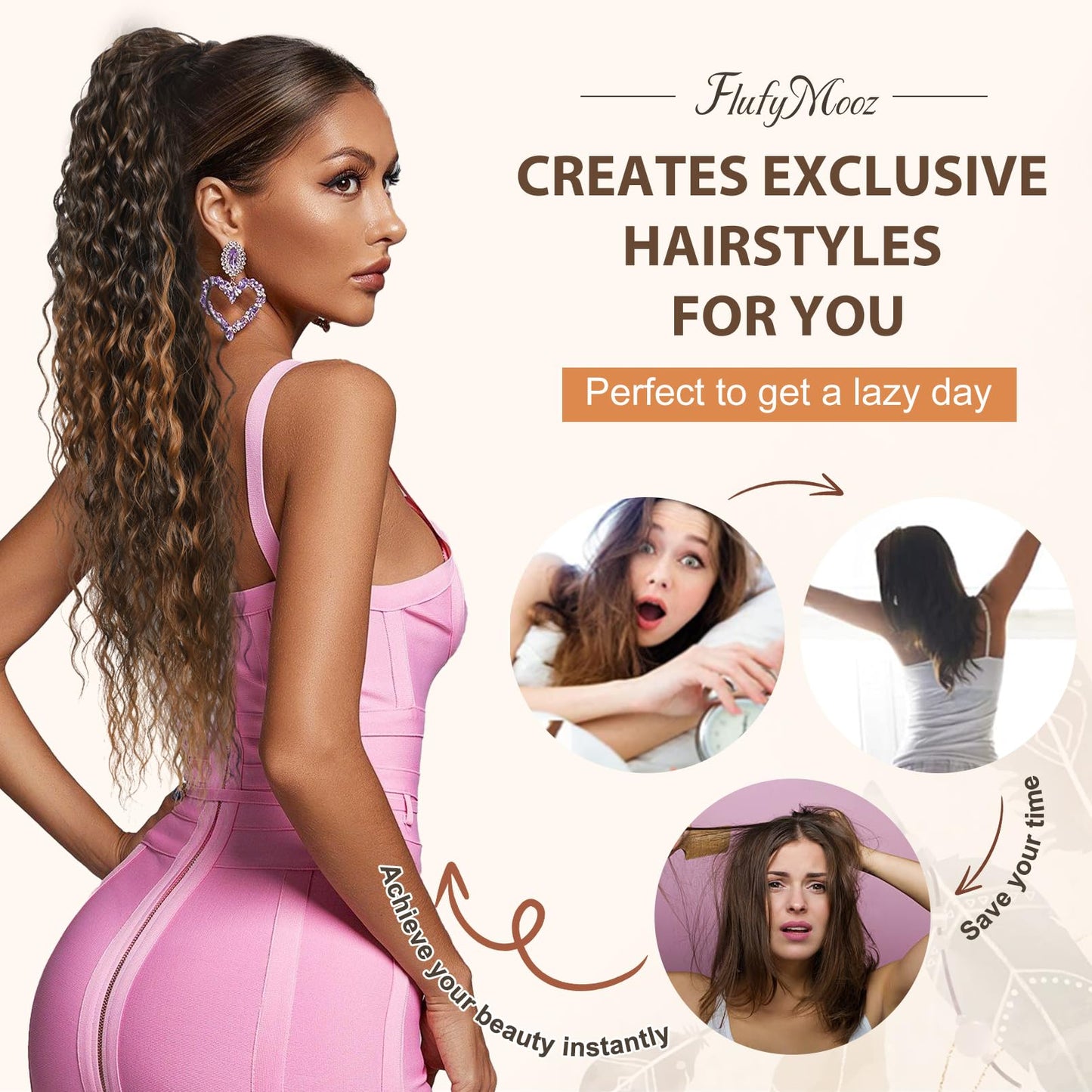 Flufymooz Ponytail Extension, 26 Inch Bohemian Style Drawstring Ponytail Hair Extensions for Women, Long Curly Wavy Ponytail Natural Synthetic Hairpiece for Women (26 Inch Almond brown)