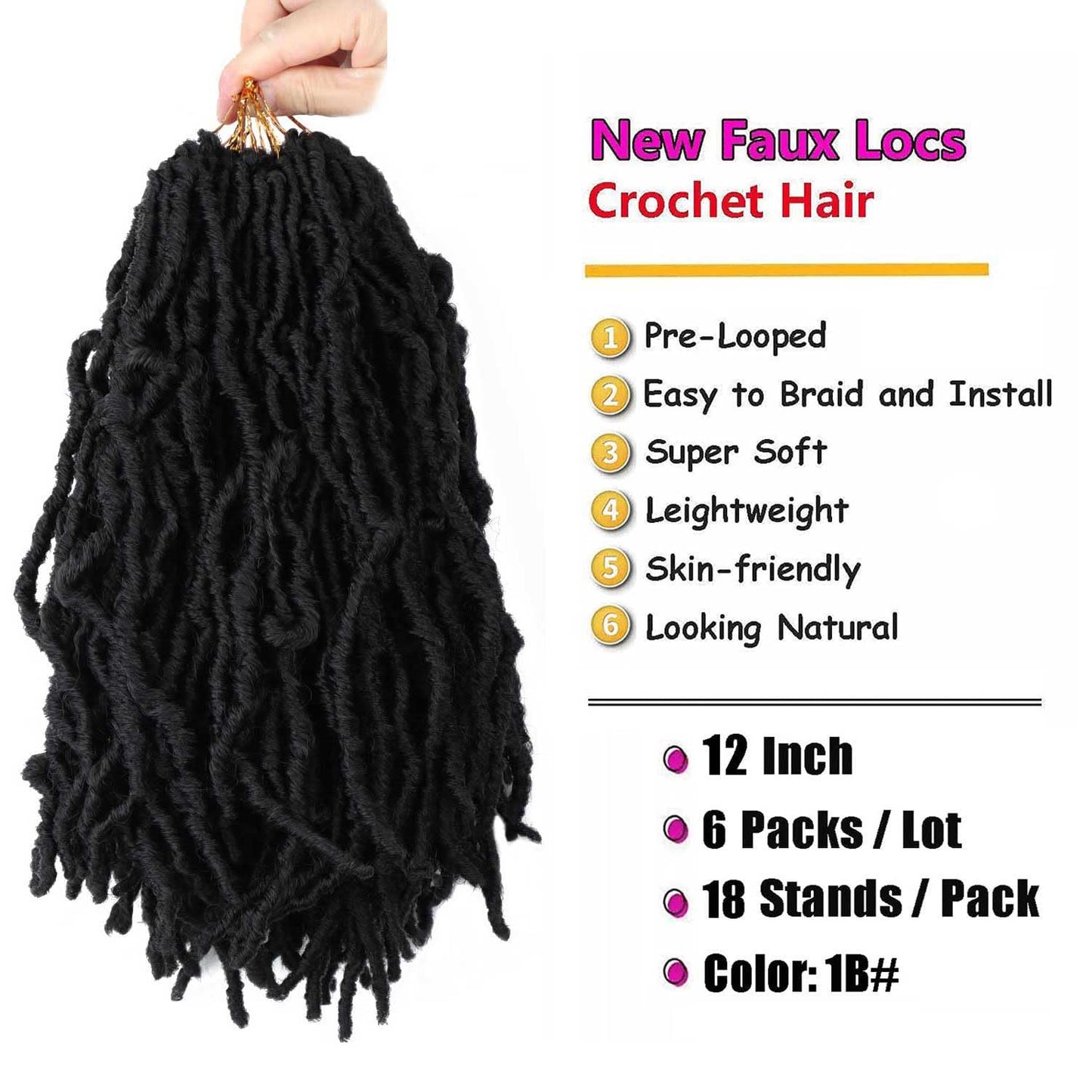 6 Packs Soft Locs Crochet Hair Pre Looped Faux Locs Crochet Braids Goddess Locs Dreadlocs Synthetic Hair For Black Women (1B, 12 Inch (Pack of 6))