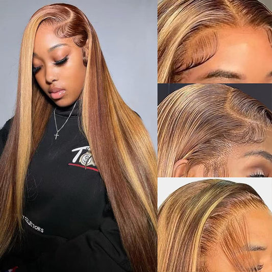ROLKISA Highlight Ombre Lace Front Wig Human Hair 13x6 HD Transparent Straight Lace Front Wigs Human Hair Pre Plucked 180% Density 4/27 Colored Honey Blonde Wig for Women 24Inch