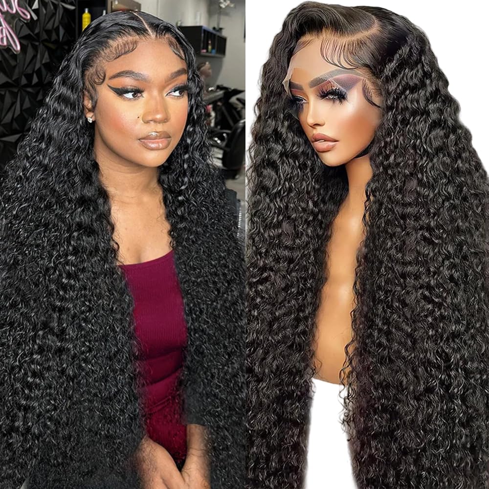 JTMMP 13x6 Deep Wave Lace Front Wigs Human Hair for Women 200% Density Deep Curly Human Hair Wig 34 Inch HD Lace Frontal Wigs Human Hair Pre Plucked with Baby Hair Natural Black Color
