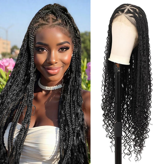 Olymei 13x8'' HD Lace Front Boho Braided Wigs Knotless Braided Wigs for Black Women Box Braid Wig Premium Synthetic Boho Braided Lace Front Box Braided Wig, Natural Black 36 Inch