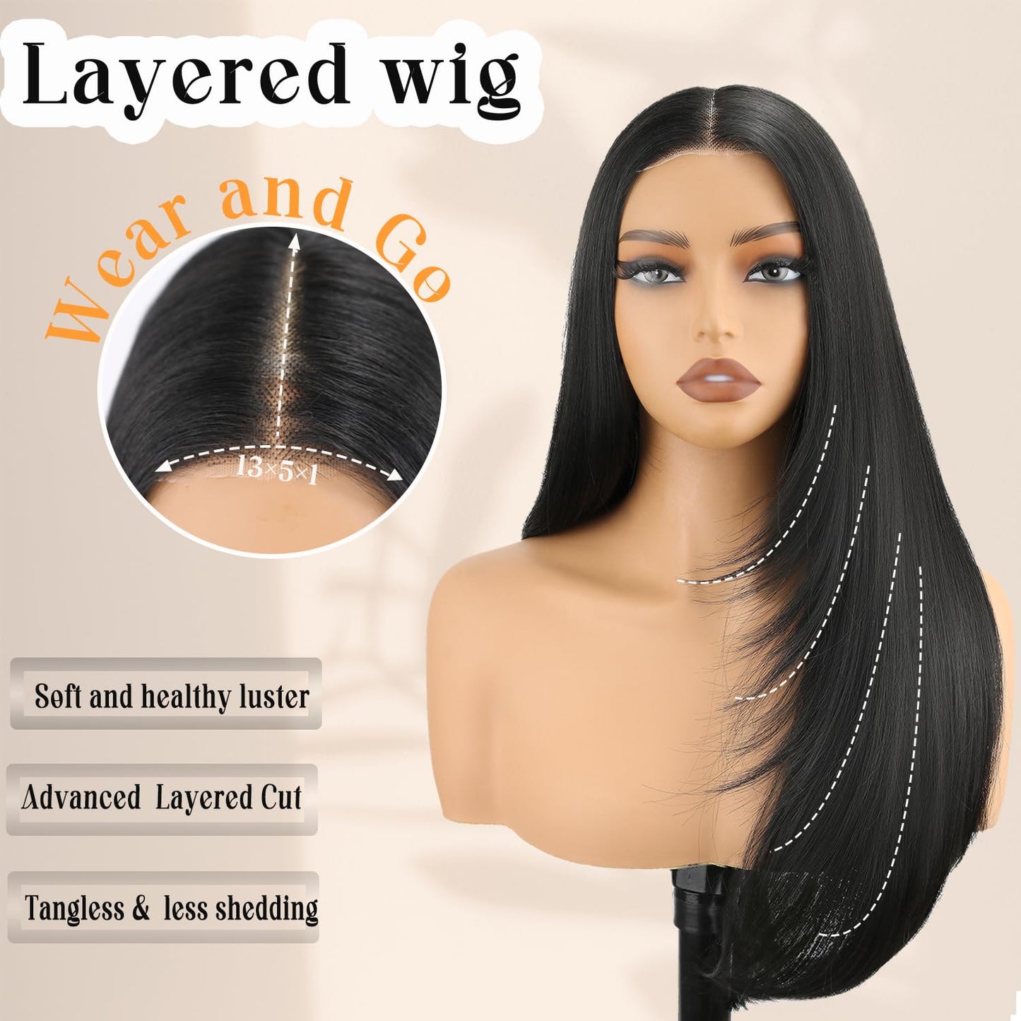 NOSTALGIA Black Wear and Go Glueless Wigs Straight Lace Front Wig Pre Cut Glueless Synthetic Layered Wig 24 Inch Middle Part Closure Wig For Women