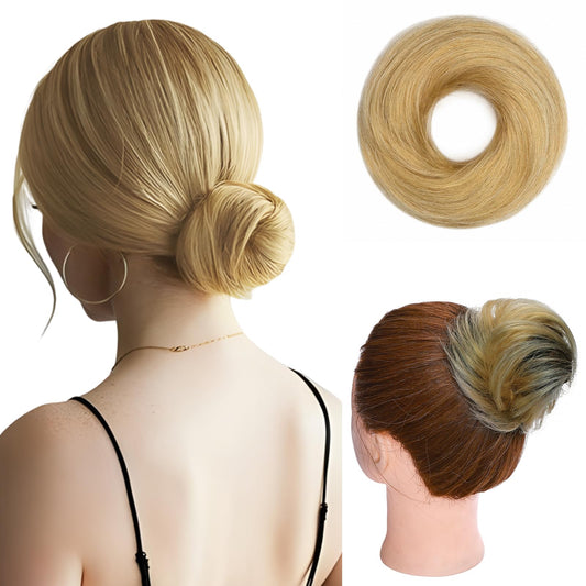 Hairro Human Hair Bun Hair Piece Remy Hair Bun Scrunchies Real Updo Hairpieces Wavy Stretchy Hair Bun Donot Elegant Chignon with Elastic Rubber Band Hair Accessory For Women 1PC 23g #613 Bleach Blonde