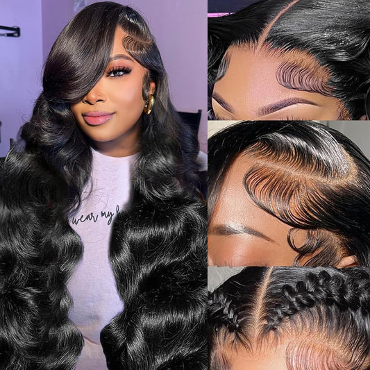 YetFree 26 Inch Body Wave Lace Front Wigs Human Hair Pre Plucked 13x6 HD Lace Frontal Wigs Brazilian Virgin Human Hair 200 Density Glueless Body Wave wig with Baby Hair Natural Black