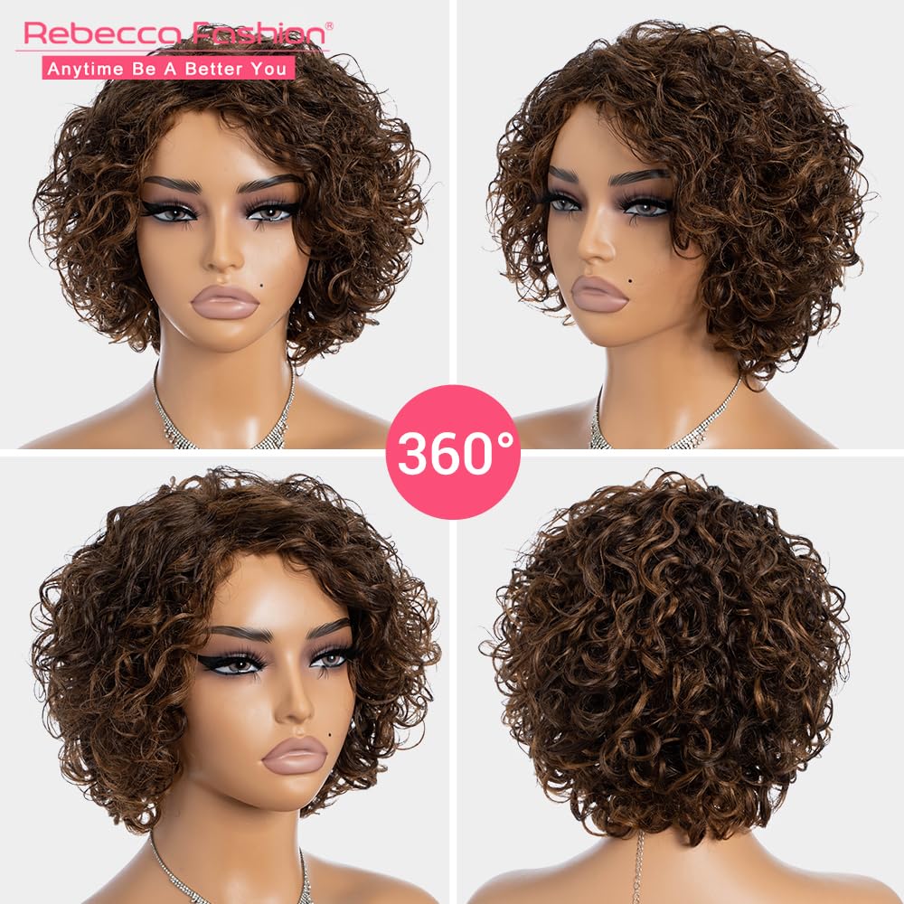 Rebecca Fashion Short Curly Human Hair Wigs for Black Women Side Part Cute Curly Bob Wig Brazilian Remy Non Lace Glueless Wigs Natural Looking Ombre Brown Color