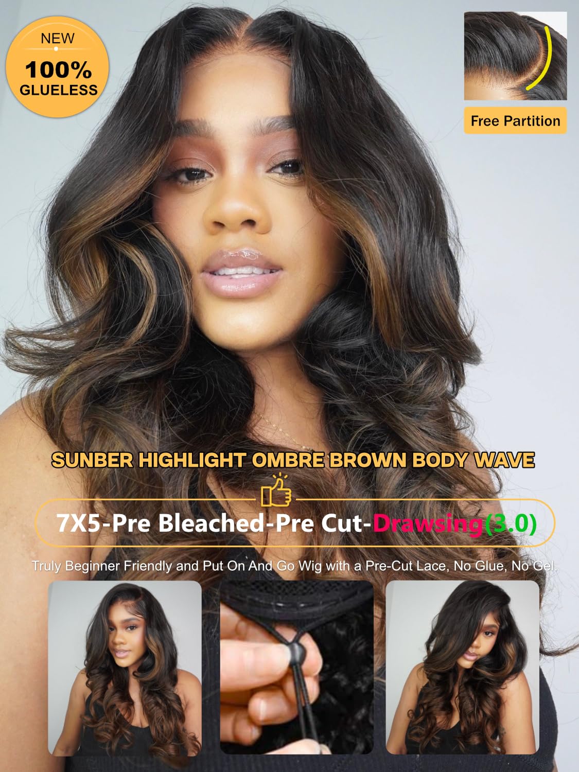 Sunber Ombre Highlight Brown Body Wave Human Hair Glueless Balayage Wigs Pre Cut 7x5 HD Lace Front with Elastic Drawstring 150% Density Put On and Go Pre Plucked Pre Bleached Invisible Knots 24Inch