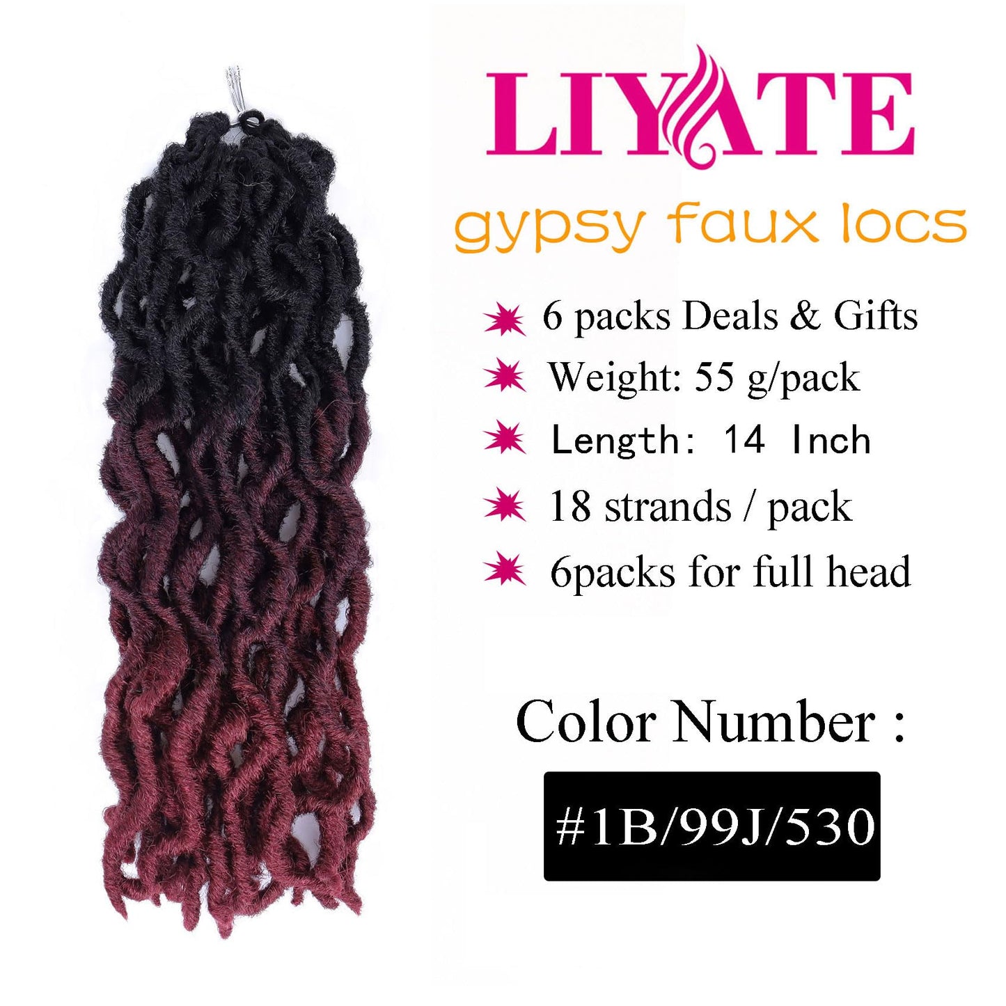 14 Inch Goddess Faux locs Crochet Hair 6 Packs/Lot Soft Gypsy Locs Wavy Crochet Braids Dreadlocks 3 Tone Curly Wavy Twist Braiding Hair Extensions African Roots Braid（#1B/99j/530)