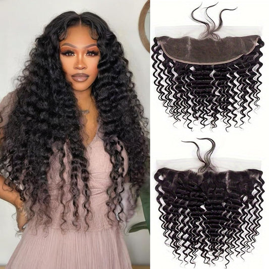 13x4 HD Lace Frontal Closure Deep Wave 20 Inch Ear To Ear Frontal Free Part Closure with Baby Hair Brazilian Virgin Curly Human Hair for Women Pre Plucked Frontals Closure Natural Black