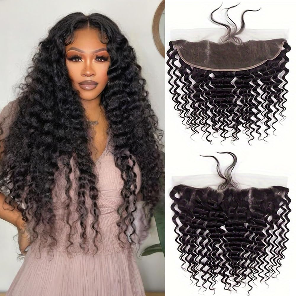 13x4 HD Lace Frontal Closure Deep Wave 12 Inch Ear To Ear Frontal Free Part Closure with Baby Hair Brazilian Virgin Curly Human Hair for Women Pre Plucked Frontals