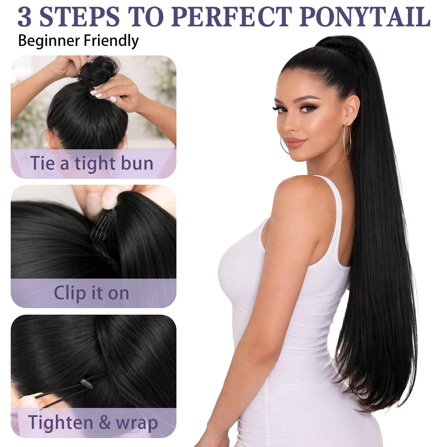 ORSUNCER Drawstring Ponytail Extension, Long Straight Pony Tails Hair Extensions Natural Soft Clip in Ponytail for Women Synthetic Hairpieces Black
