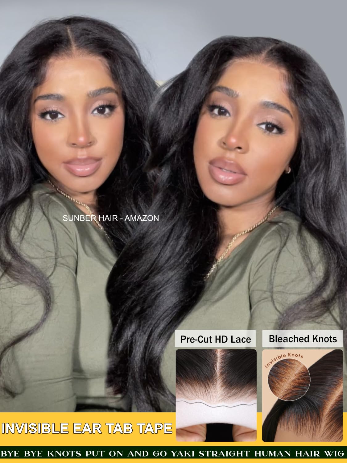 Sunber Yaki Straight Bye Bye Knots Pre Cut Lace 7x5 Lace Front Glueless Wig Put On Go Light Yaki Straight Human Hair Wig Pre Bleached Invisible Knots 150% Density with Baby Hair 20Inch for Beginner