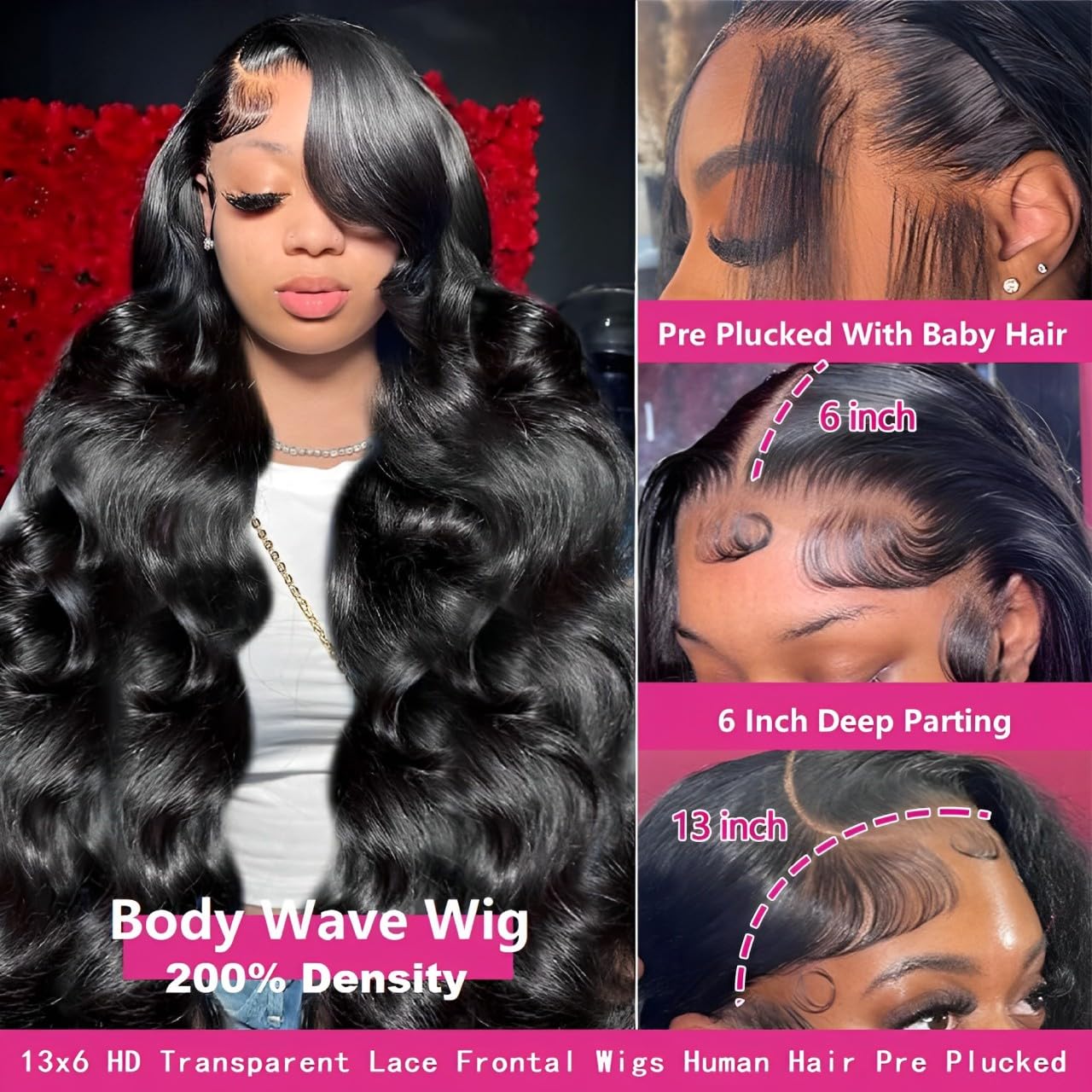 oveflect 30 Inch 13x6 Lace Front Wigs Human Hair 200 Density Body Wave HD Lace Front Wigs Human Hair Pre Plucked Natural Color Glueless Wig 100% Virgin Human Hair Lace Front Wigs for Women
