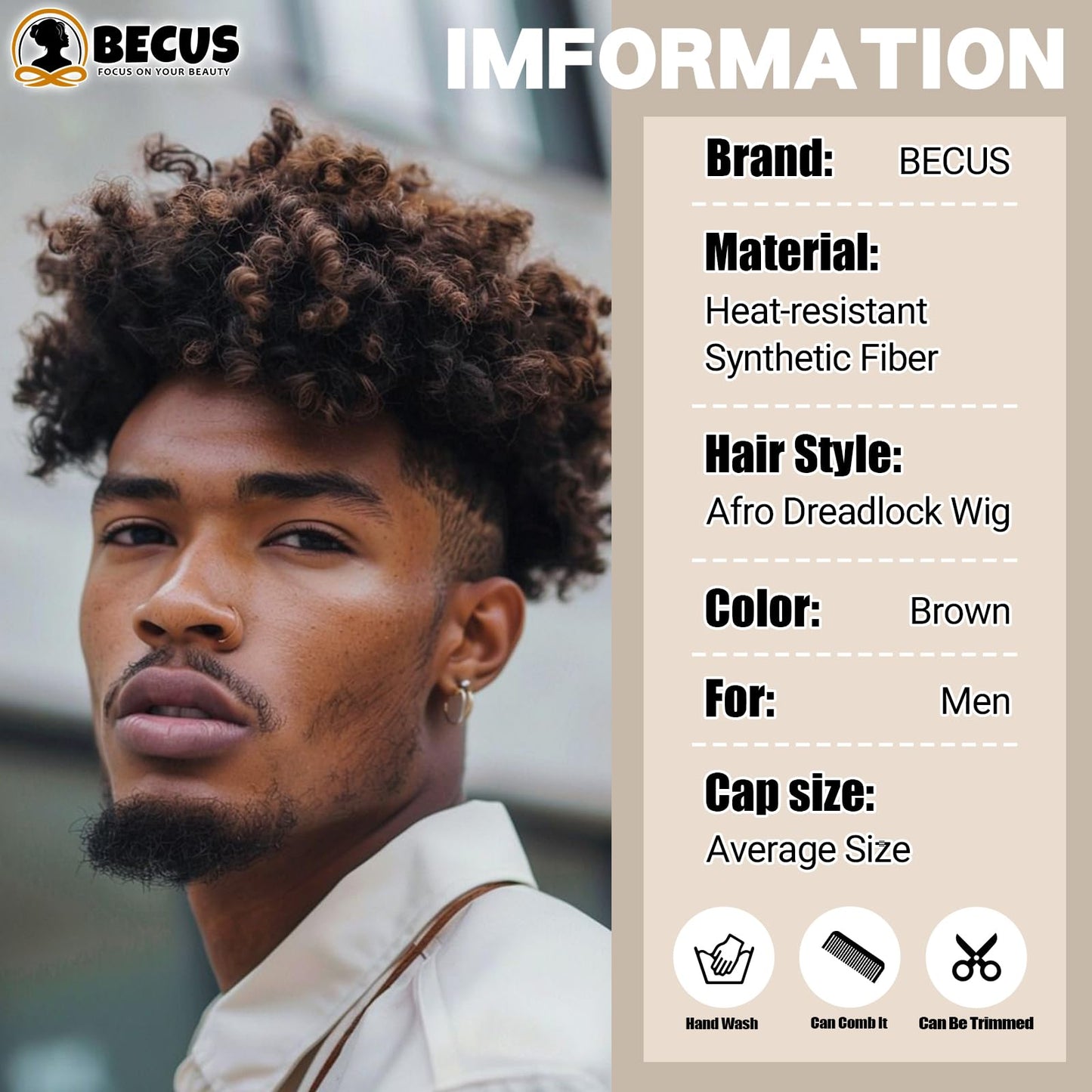 BECUS Dreadlock Wig For Men Dreads Wig Fake Dreads Short Braided Wigs Synthetic Wigs Faux Locs Glueless Curly Hair Black Men Brown Hair Daily Hollaween Party(Brown)