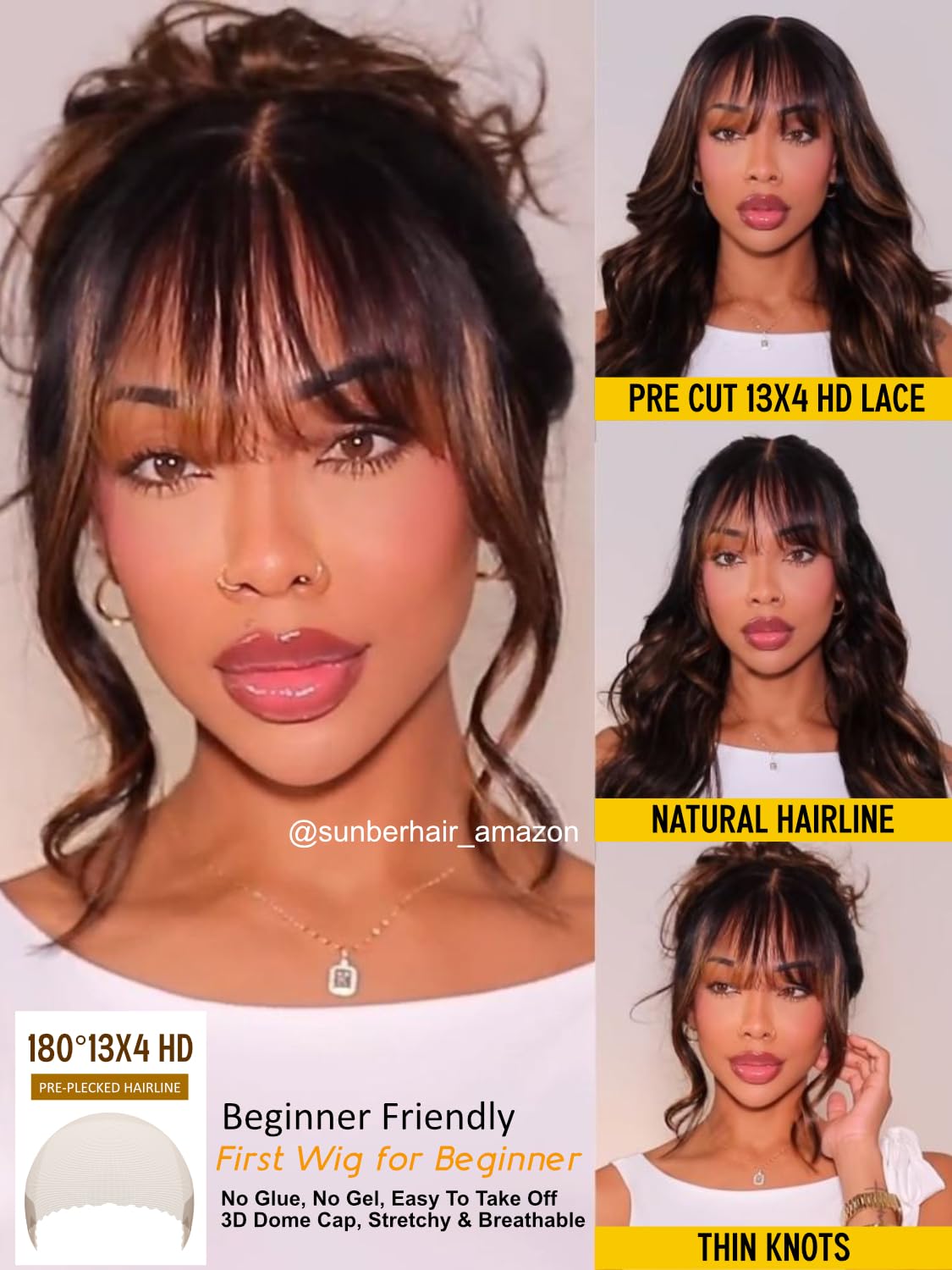 Sunber Ombre Brown Loose Body Wave With Bangs Pre Everything Glueless 13x4 HD Lace Front Human Hair Wig 180% Density Highlight Balayage Pre cut Lace Pre Plucked Bye Bye Knots Drawstring Wig 16Inch
